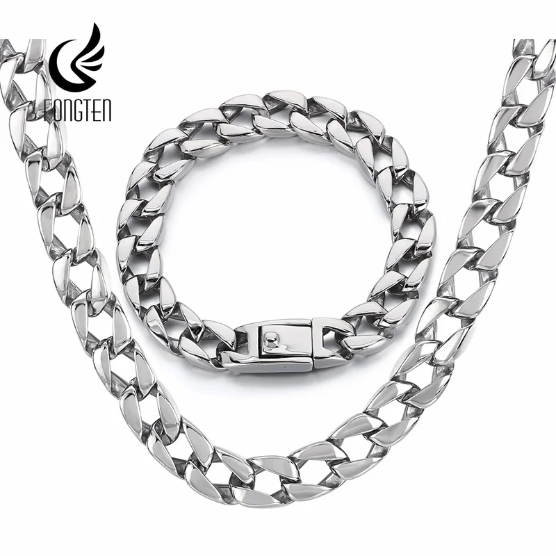 

Fongten Cuban Chain Bracelets Necklace For Men Stainless Steel Curb Silver Color Male Hip Hop Jewelry Set Wholesale