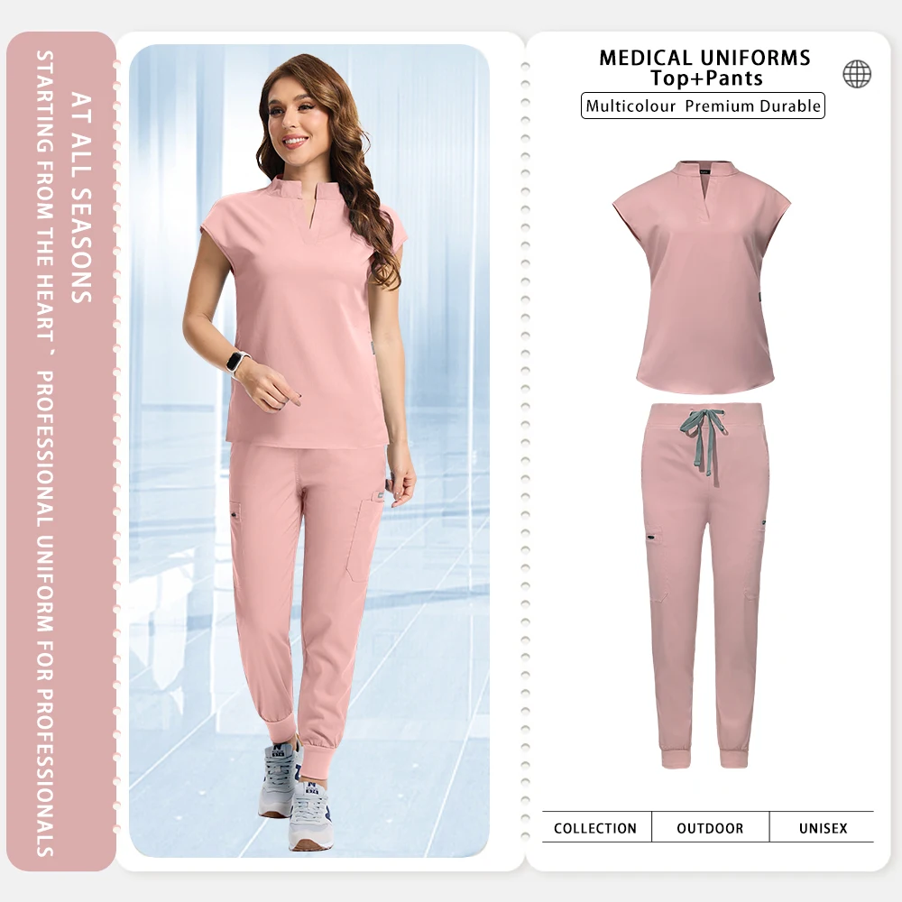 Moda rosa enfermeira esfrega conjunto uniforme cirúrgico médico dentista macacão pet hospital clínica workwear médico clínico terno de enfermagem