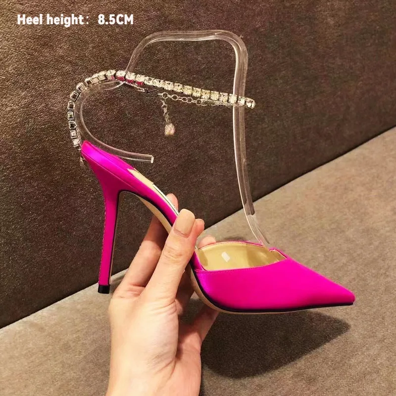 

Women's Satin Luxury Rhinestones Chains High Heels Pointed Stiletto Heel Summer Fashion Sexy Sandals Wedding Prom Shoes