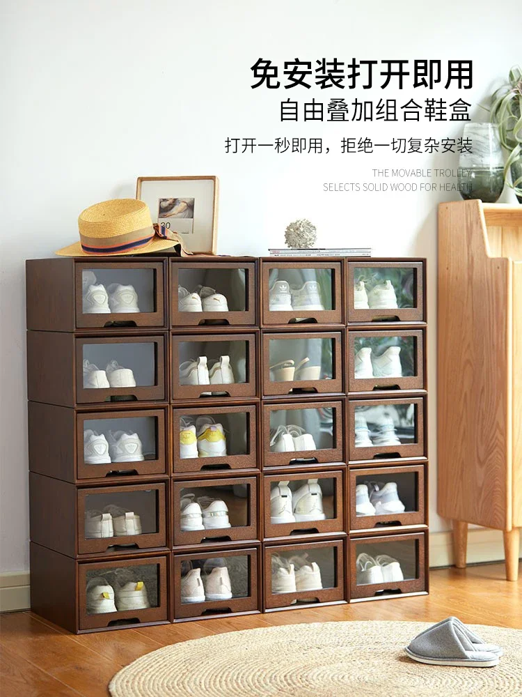 Solid wood shoe cabinet Large capacity multi-layer drawer locker Transparent moisture-proof