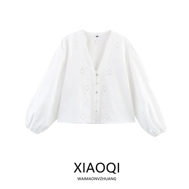 

Ele Long Sve Embroidered Hollow out irt Versatile Women's Faion Design Spring Summer Commute Sle Loose Fit irt