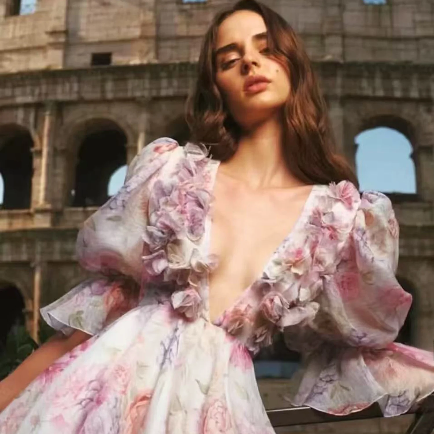 春夏新作セクシーVネックバブルスリーブ3D花柄ウエストシェイプマキシ丈ミディ丈ポリエステル繊維レディースドレス