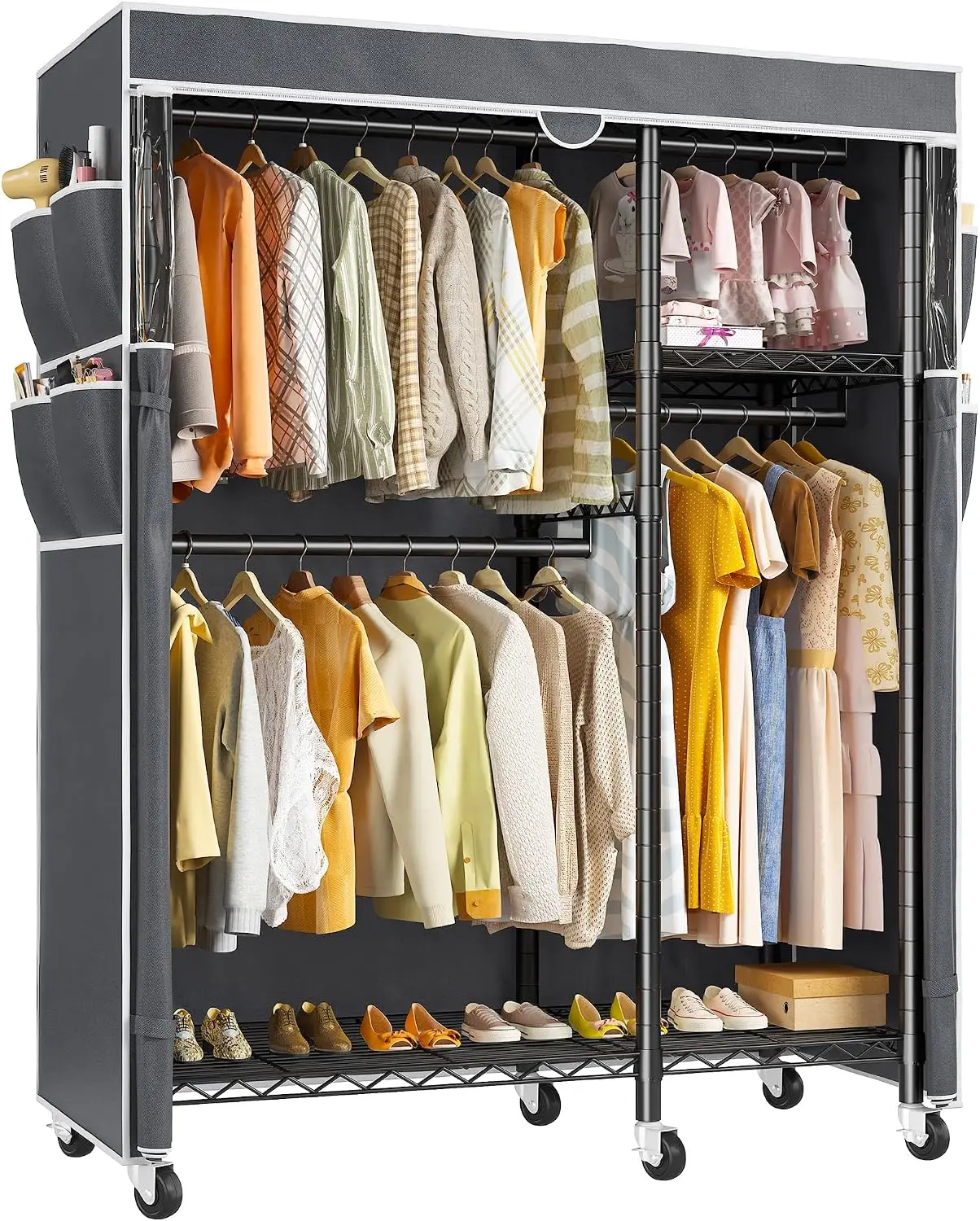 Rolling Portable Clothes Rack with 4 Hanging Zones, 3 Short + 1 Full-Length Garment Areas, Adjustable Shelves, 600D Oxford Cover, 6 Rubber Casters, 606 lbs Capacity
