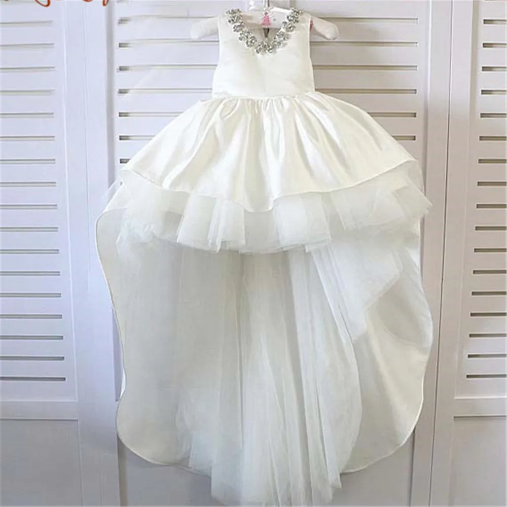 

White Lace Flower Girl Dresses V Neck Sash Tulle Pageant First Communion Dresses Prom Ball Gown Princess Baby Girl Party Dresses