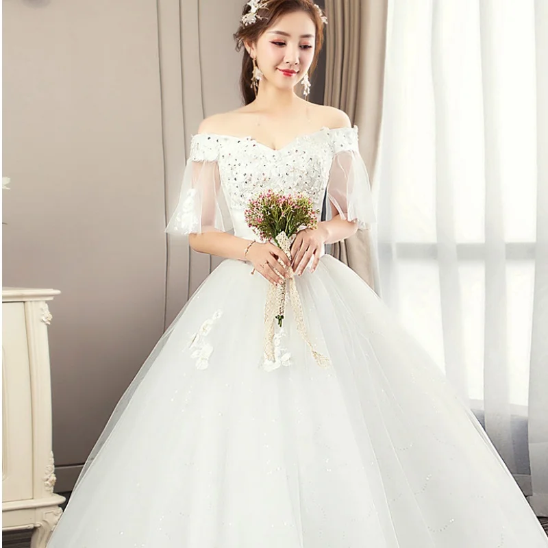 Es Yiiya vestido de novia blanco con apliques de cuentas, hombros descubiertos, cordones, Princesa, longitud hasta el suelo, talla grande, vestido de baile de novia, FH094