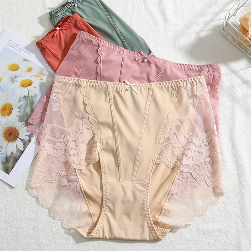 Large Size High Waist Briefs Women Underwear Modal Sexy Silk Transparent Big Size Lace Panties Plus Size Female Lingerie 3XL