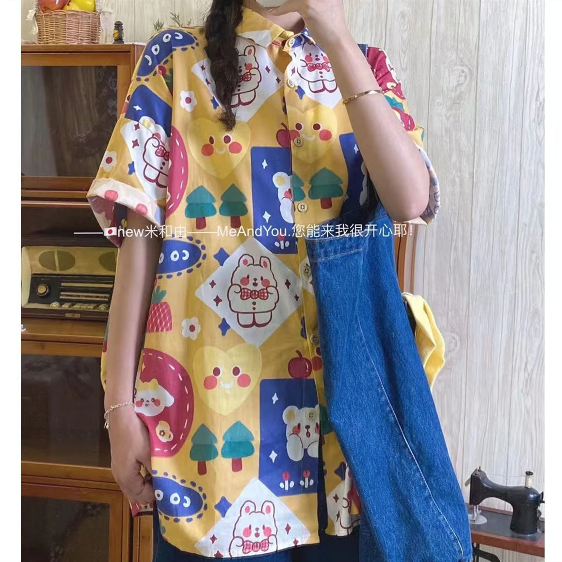 High Quality Japan Kawaii Anime Button Up Shirt Summer Harajuku Oversized Short Sleeve Cute Blouse Cartoon Korean Fashion Teens