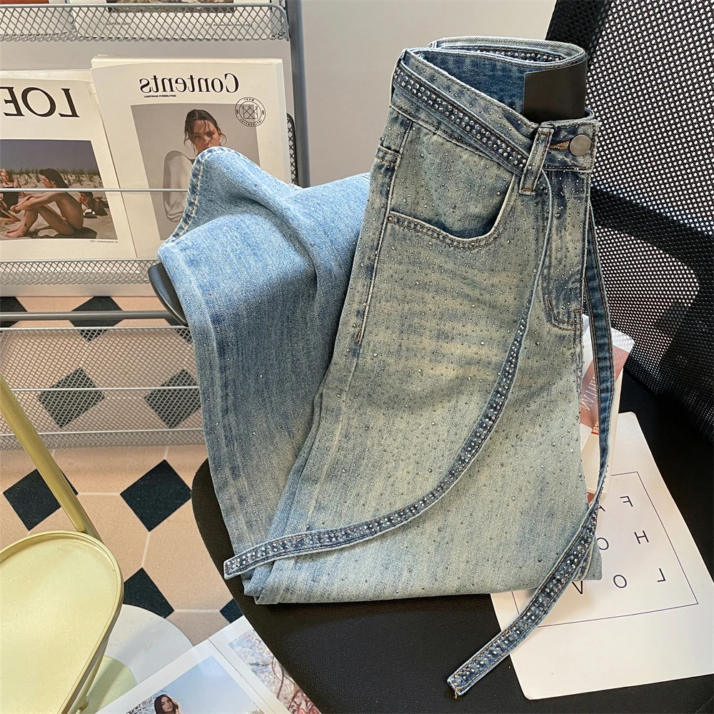 

Retro Hot Stamping Denim Straight Pants For Women Summer High Waisted Lace-up Jeans Elegant Casual Blue Wide Leg Trousers