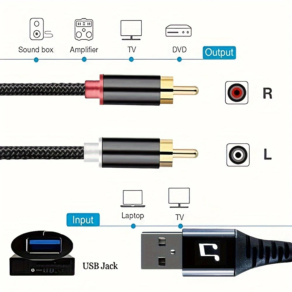 USB to 2RCA Male AV Cable Lead Suitable For 1.2 Meters Of TV Computer Audio Connection Cable