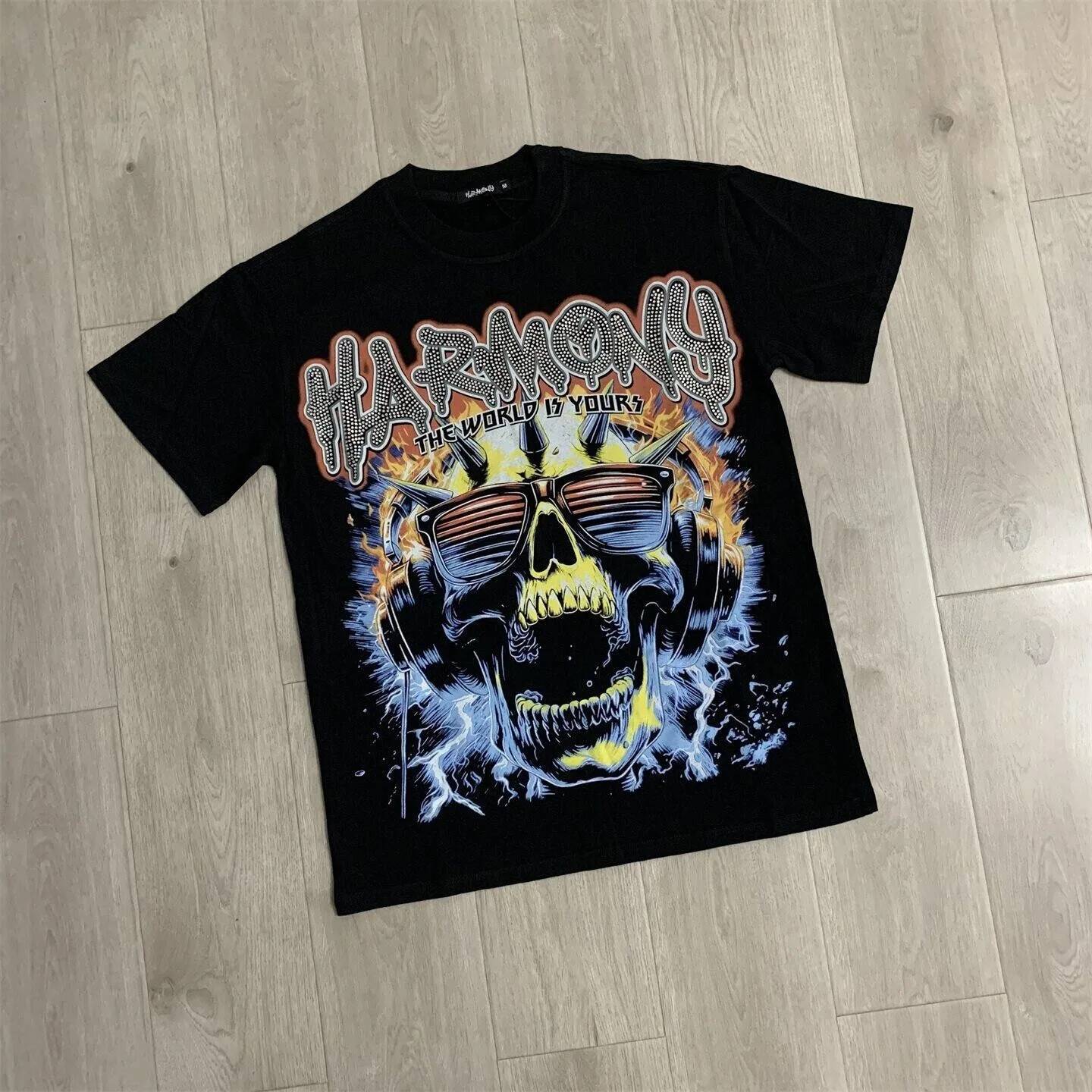 Harmony Hip-Hop Skull Print Short-Sleeved T-Shirt - Men's and Women's Rock Beaded Loose Trendy Shirt Summer