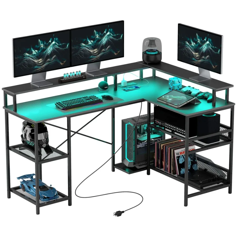 مكتب HOMCOM على شكل حرف L مقاس 59 بوصة مع مكتب زاوية تخزين مع أضواء LED ومنافذ طاقة للمكتب المنزلي ومساحة صغيرة باللون الأسود #1