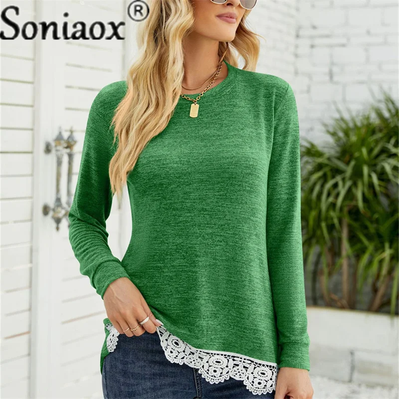 

Women Fashion Casual Round Neck Long Sleeve Tops Sexy Lace Patchwork Pullover T-Shirt Ladies Solid Color Pocket Loose T-Shirt