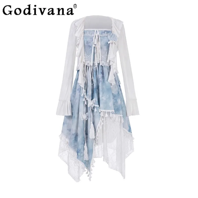 

Lolita Dyed Girl Sweet Suspender Dress Spring Summer Ethnic Style Irregular Dress Women's White Blue Cosplay Princess Dress