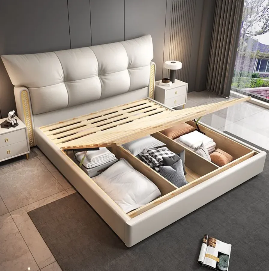 Luxury Style Modern Genuine Leather Bed Headboard Top Layer Cowhide Luxury Cowhide Bed with Drawers king Bed  in Stock