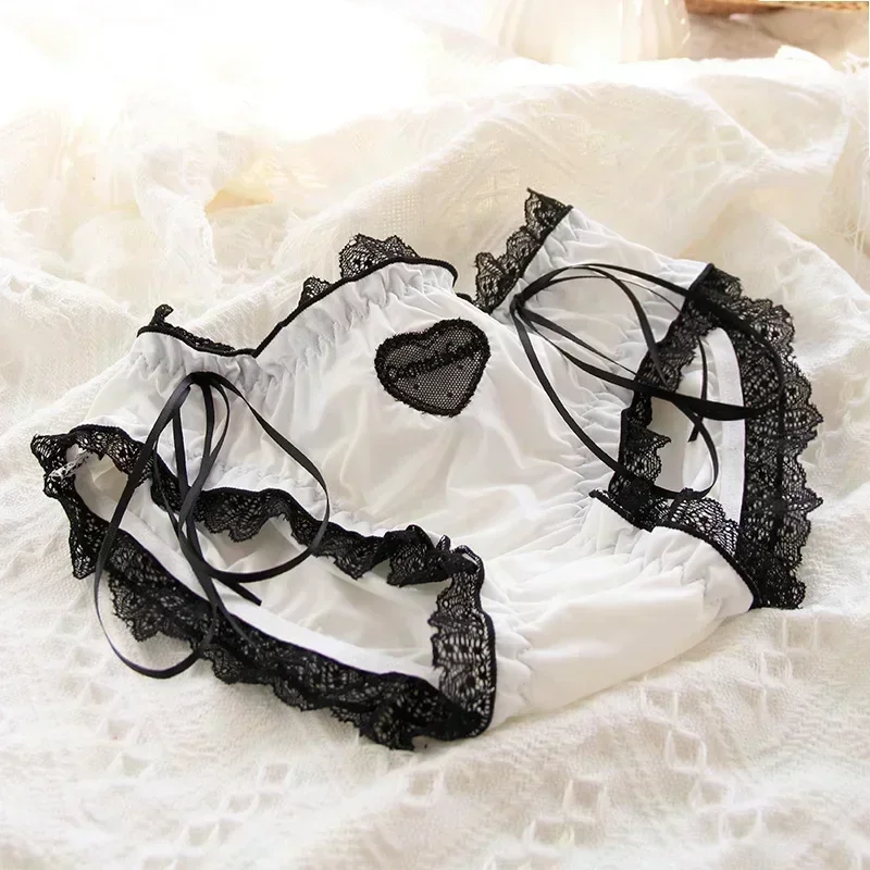 Japanese Style Panties Love Lace Cute Girl Ice Silk Hip Lift Sexy Female Bow Mid-waist Briefs Comfortable Seamless Women Briefs