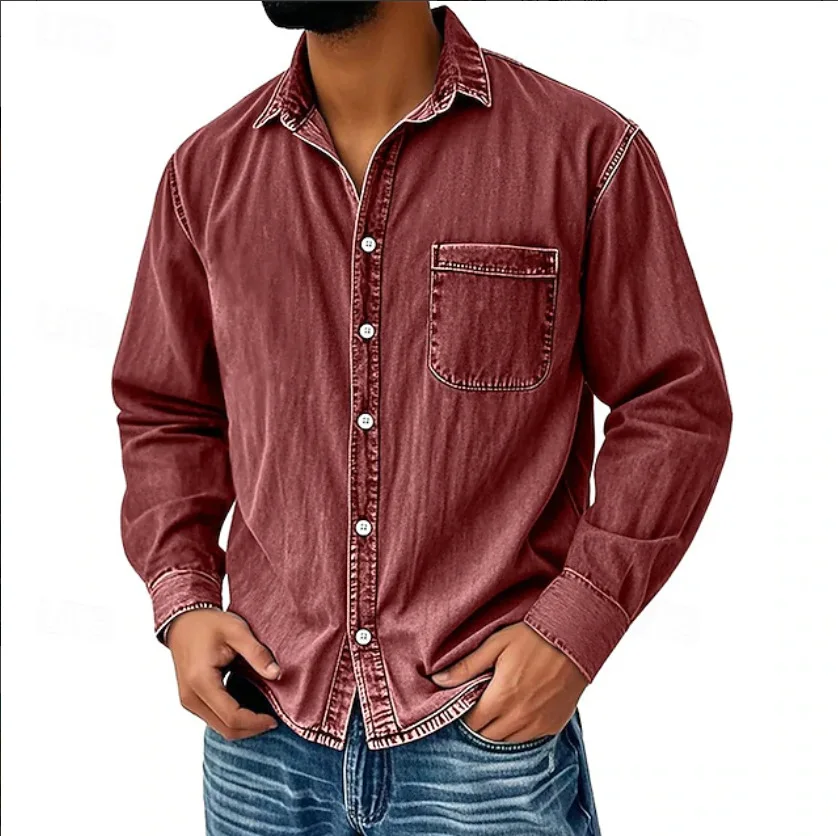 Autumn New Men's Denim Shirt Long Sleeved Workwear Retro Shirt Jacket
