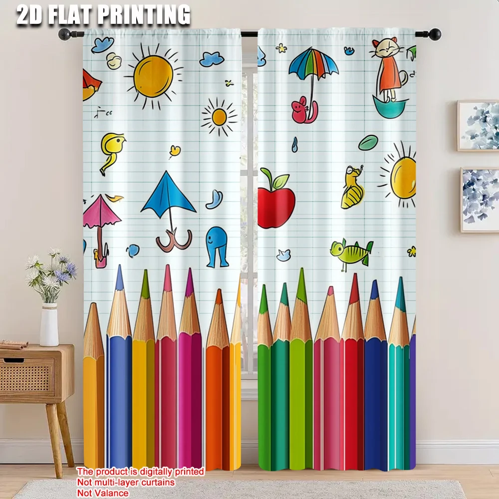 2pcs, spring summer Curtains Colorful Drawing Pencils Doodle Light Filtering Sheer Curtains Polyester Easy Install Decorations