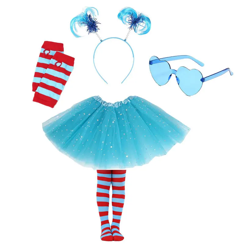 Girls Halloween Costumes Dr. Seuss Outfits Accessories Red Shirts Blue Tutu Skirt Headband Gloves Socks