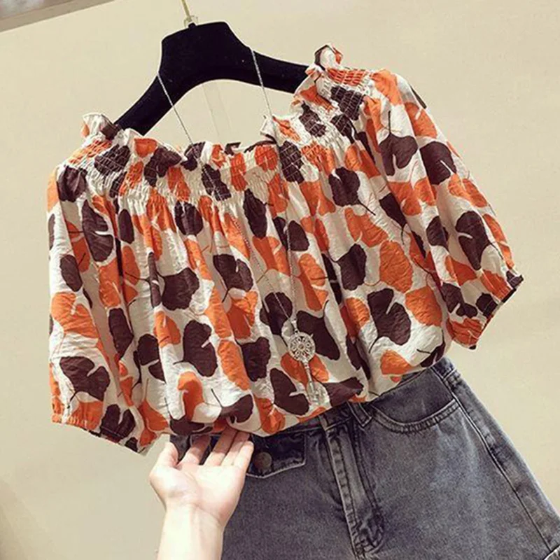 Sweet Slash Neck Loose Printed Ruffles Shirring T-Shirt Female Clothing 2023 Summer New Casual Pullovers Office Lady Tee Shirt