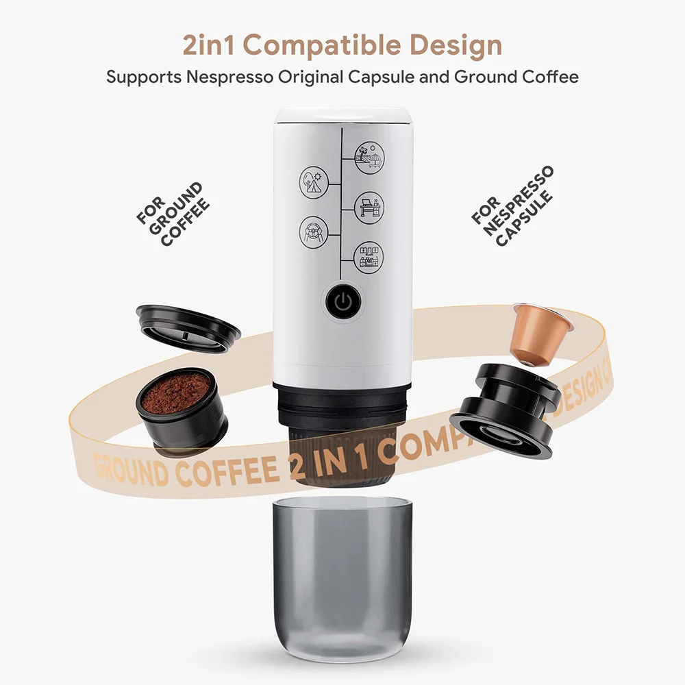 2in1 Portable Espresso Coffee Machine Travel Car Hiking Electric Coffee Maker fits Ground Coffee NS Capsule NO HEATING Function