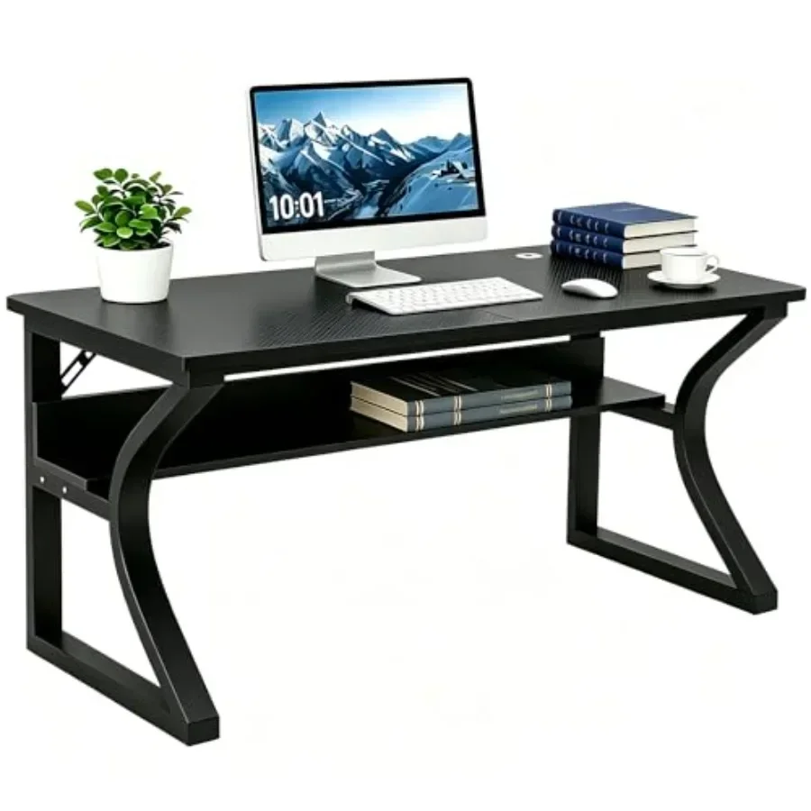 47 inch Home Office Desk with Storage Shelf, Steel U-Shaped Frame, Black, Sturdy Cable-Managed Gaming Desk for Office Bedroom