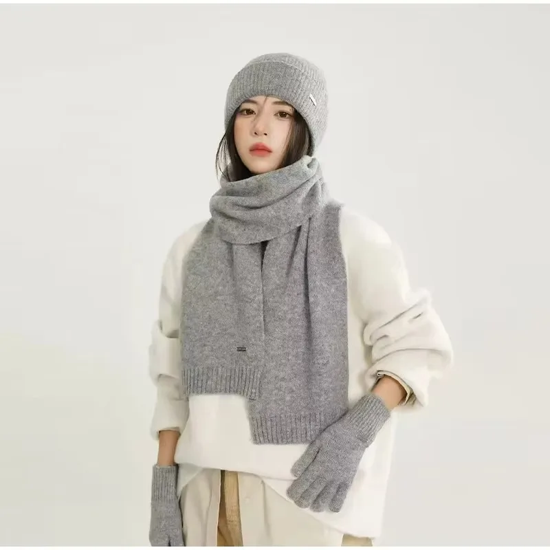 New solid color knitted thick scarf, women's warm hat, gloves, three piece set, cold resistant, warm, soft scarf, couple