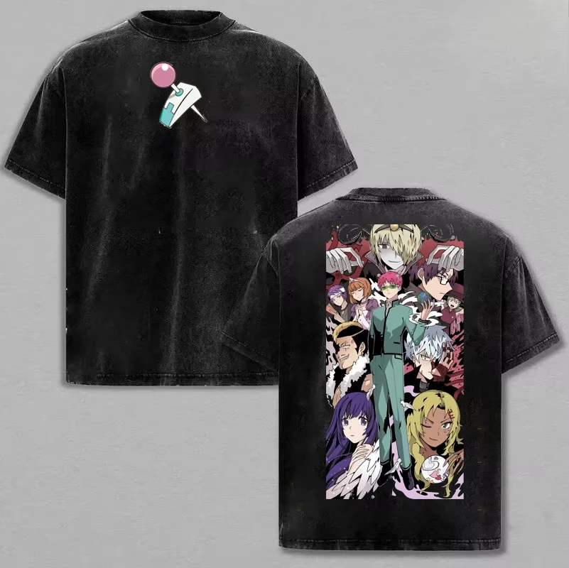 Anime The Disastrous Life of Saiki K Saiki Kusuo Graphic Print Retro Washed Cotton T-Shirt Men Women Oversize Top Summer New Tee