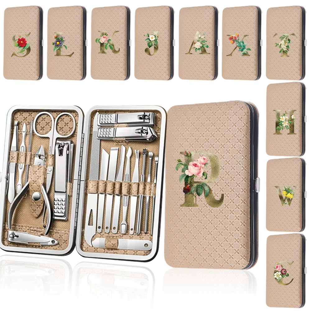 

19Pcs Travel Nail Clipper Manicure Set Portable PU Case Stainless Steel Pedicure Tool Kit Organizer Golden Flower Letter Pattern