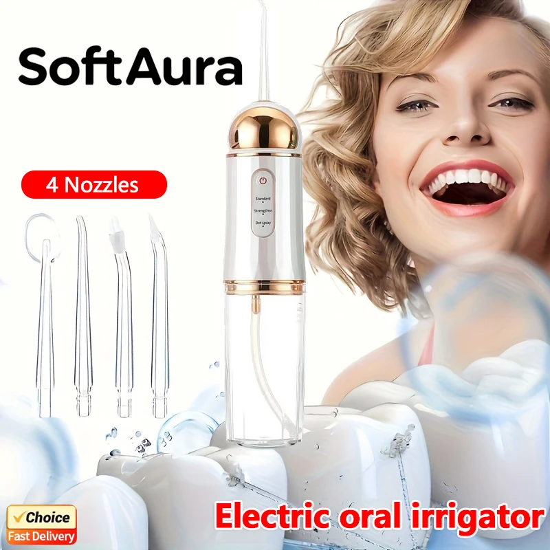 SoftAura USB Oral Irrigator Water Flosser 4 Nozzles Dental Water Jet Portable Teeth Mouth Cleaning Machine for Home Travel Use