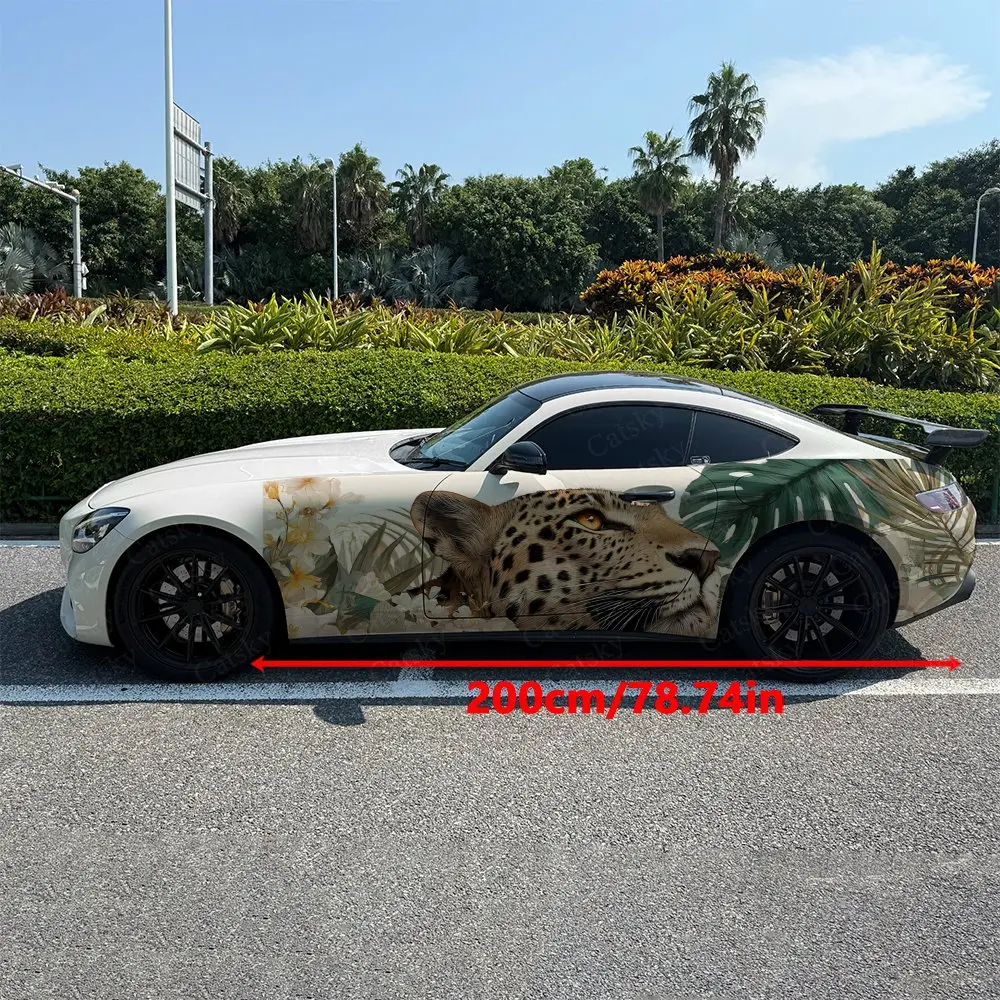 2pcs Monstera And Blooms Leopard Car Side Wraps, Self-Adhesive PVC Waterproof & Scratch-Resistant Stickers, Car Accessory Gift