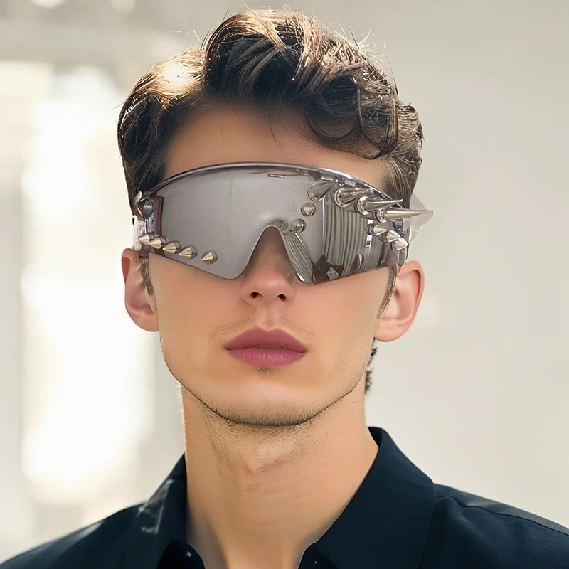 

New Unisex 2025 Fashion Rivet Decorative Personality Sunglasses Men Women Punk Big Frame Cool Sense One-piece UV400 Sun Glasses