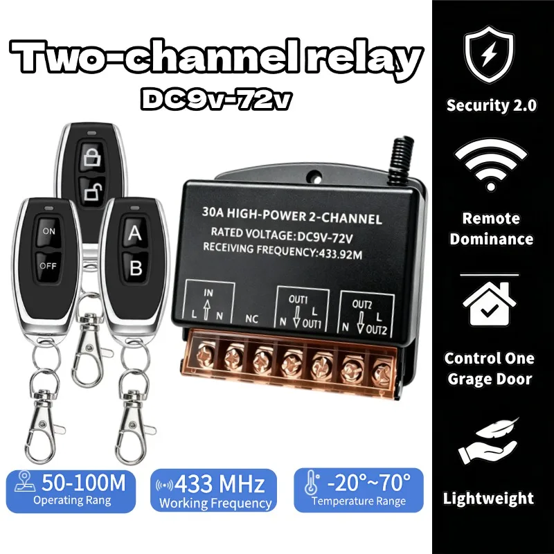 DC12-72V 30A 2CH Wireless Remote Control Switch, Momentary/Latching/Interlock Relay for DC Motor Pump LED
