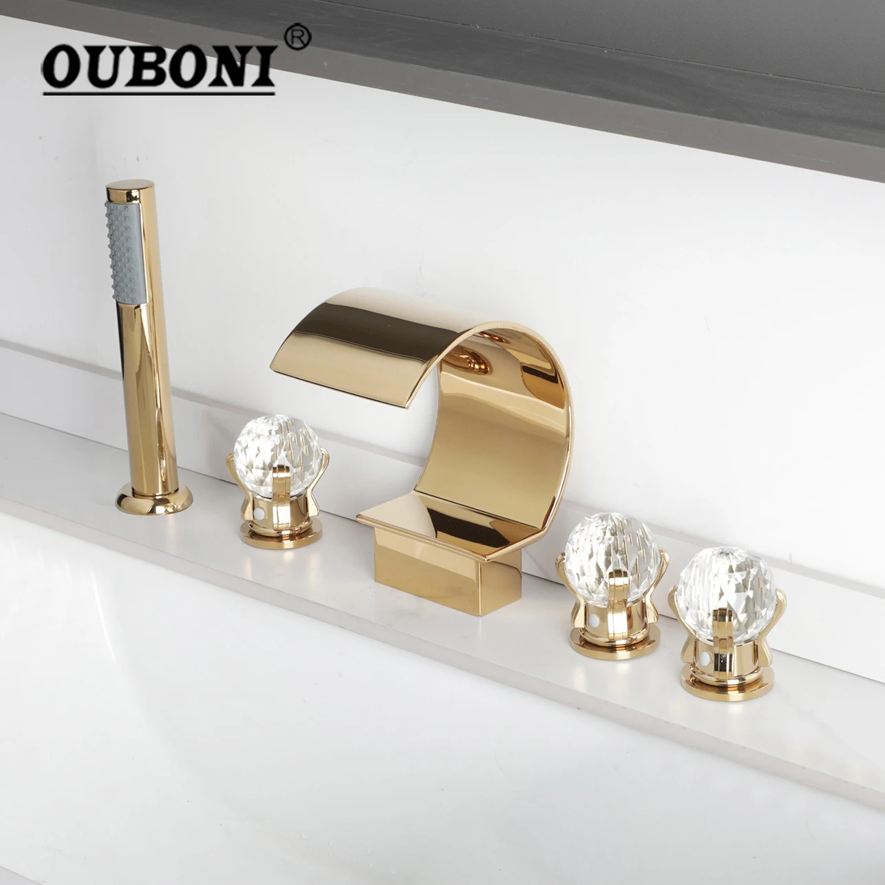 OUBONI Waterfall Water Outlet Bathroom Bathtub Faucet Set Cover Valve With Handheld Shower 5 Pcs Deck Mounted Golden Finish Taps