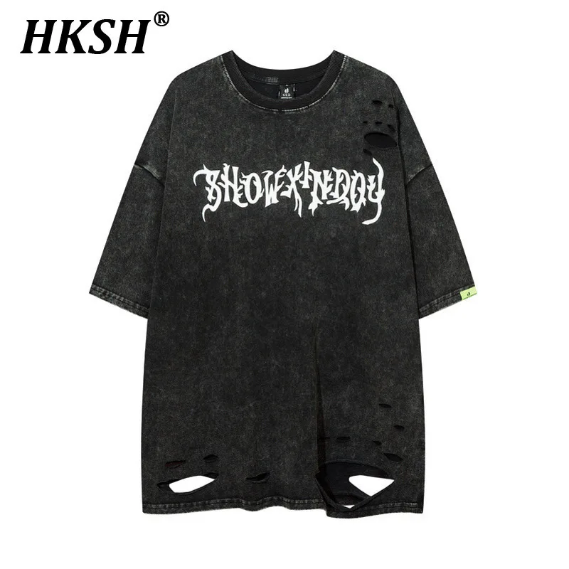 

HKSH Summer New Men Tide High Street Elegant Fashion Chic Print Washed T-shirt Vintage Casual Short Sleeve Loose Tops Ins HK5999
