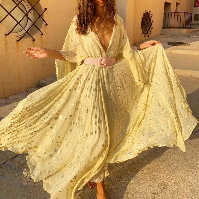 Spring Sexy Deep V Neck Holiday Beach Dress Women Bronzing Star Print Long Party Dress Summer Short Sleeve Loose Boho Maxi Dress