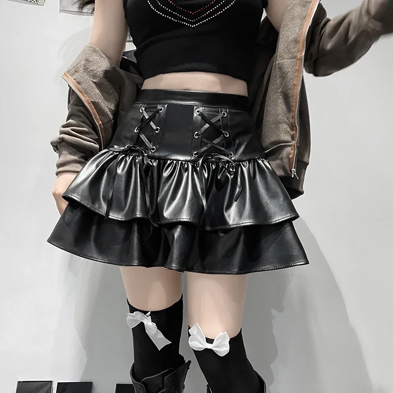 

PU Leather Mini Skirts Punk Style High Waist Lace Up Bandage Black Pleated Skirt Streetwear Girls Dark Clothes