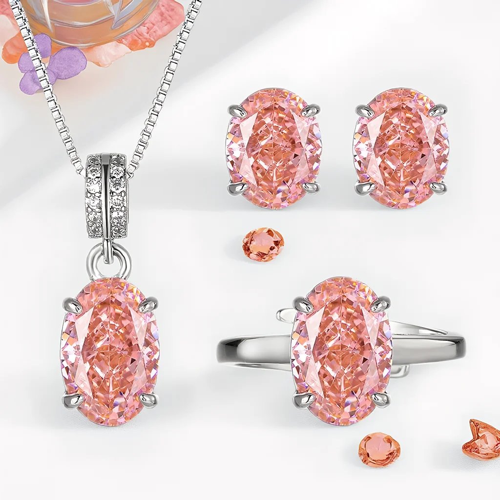 

3pcs Elegant Vintage Jewelry Set for Women Peach Colored Egg Shaped Necklace Shiny Crystal Choker Bridal Wedding Earrings Party