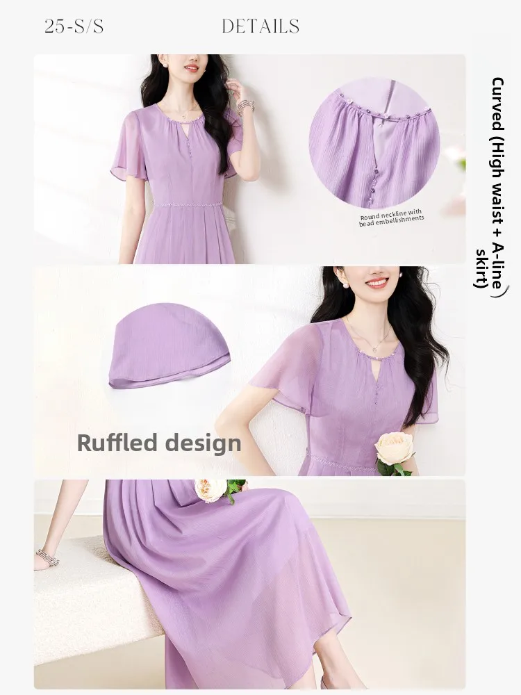 Ele Purple Midi Dr Perline rotonde Ne Summer Beach Vaion Gonna a pieghe da donna a trapezio Fibra di poliestere ort Sve