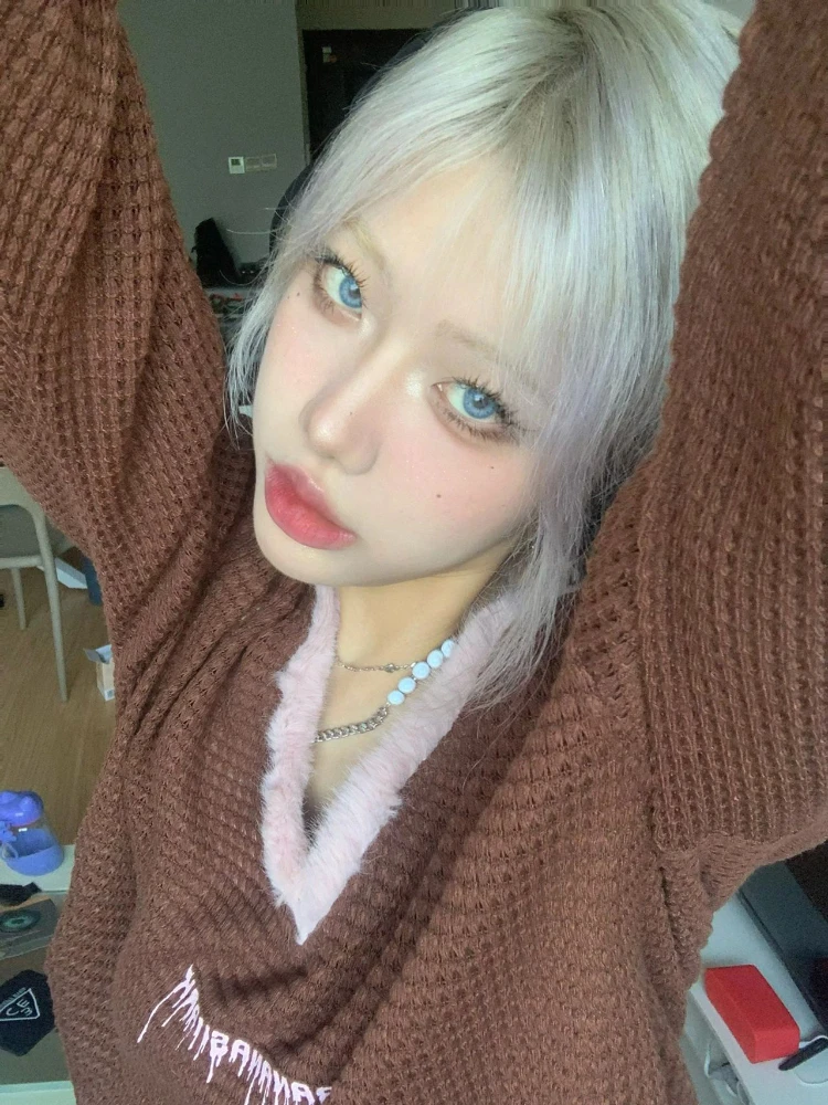 KOSAHIKI Loose Hollow Out Knitted Sweater Women Fur Patchwork V-neck Pullover Y2k Aesthetic Fairy Grunge Thin Jumper All Match