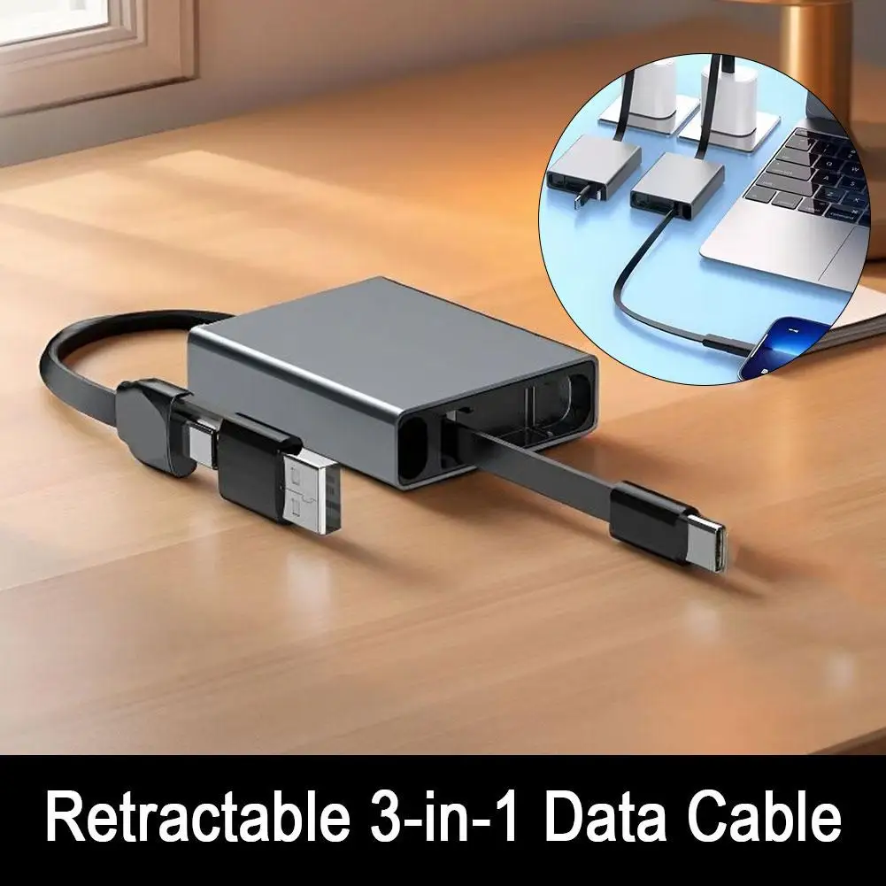 Cabo de Dados USB-C Retrátil PD 60W para Carregamento Rápido, Cabo Telescópico para iPhone 17 16, iPad, Xiaomi, Samsung e Laptops