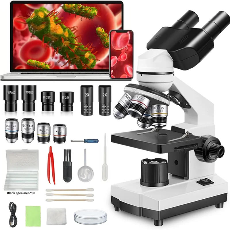Microscope binoculaire professionnel à grossissement 40X-5000X avec éclairage LED, pour la maison, l'école, le laboratoire et la recherche scientifique