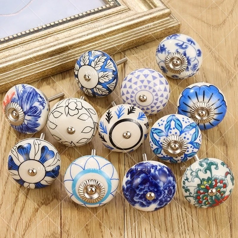 Rural Style Colorful Printed Ceramic Knob Single Hole Round Pull Handle Furniture Cabinet Drawer Decorative Knob