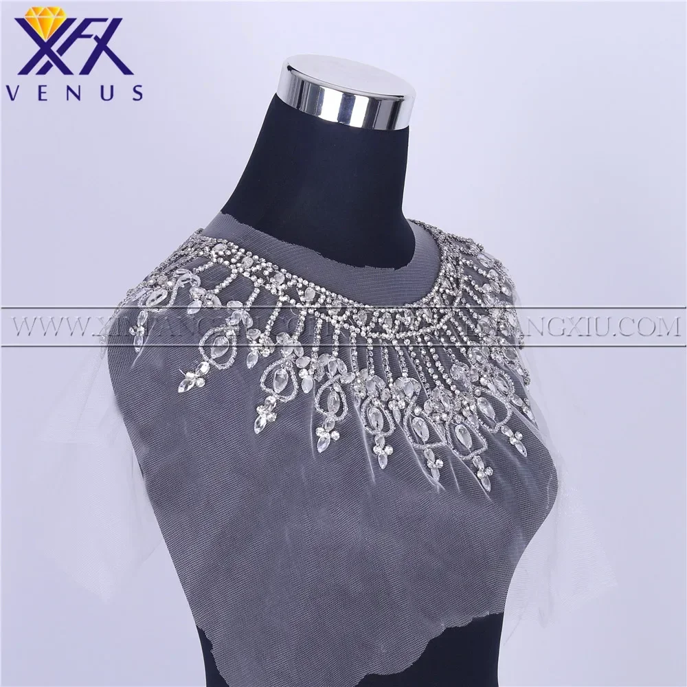 XFX 1 Pcs Handmade Sew on Silver Rhinestones Collar Crystal Applique Design Sewing for DIY Wedding Dress Neckband Quilt Trimming