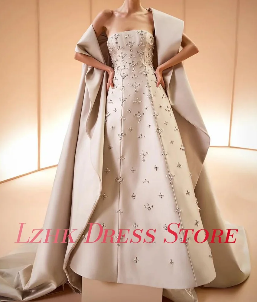 Vestido de noche de cristal con chal de satén exquisito personalizado, vestidos de fiesta hasta el suelo sin tirantes de alta calidad