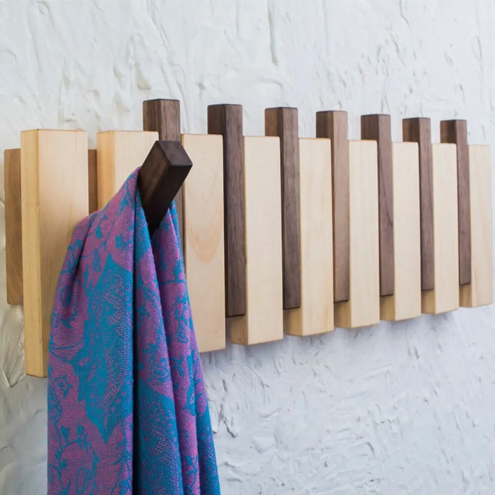 

Coat Rack Wood Hanger w/ Flip-Down Hooks Wall Mounted Clothes Rack Coat Hanger