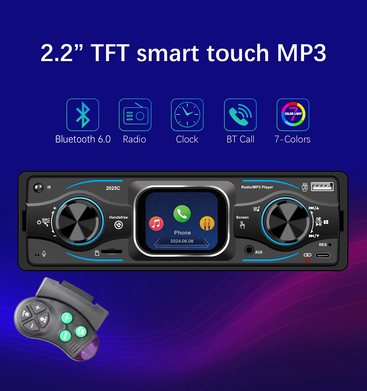 ESSGOO Single 1 Din Universal MP3 FM Player Car Stereo Radio Bluetooth 6.0 Handsfree USB/AUX with DAB+ 7 color Remote Control