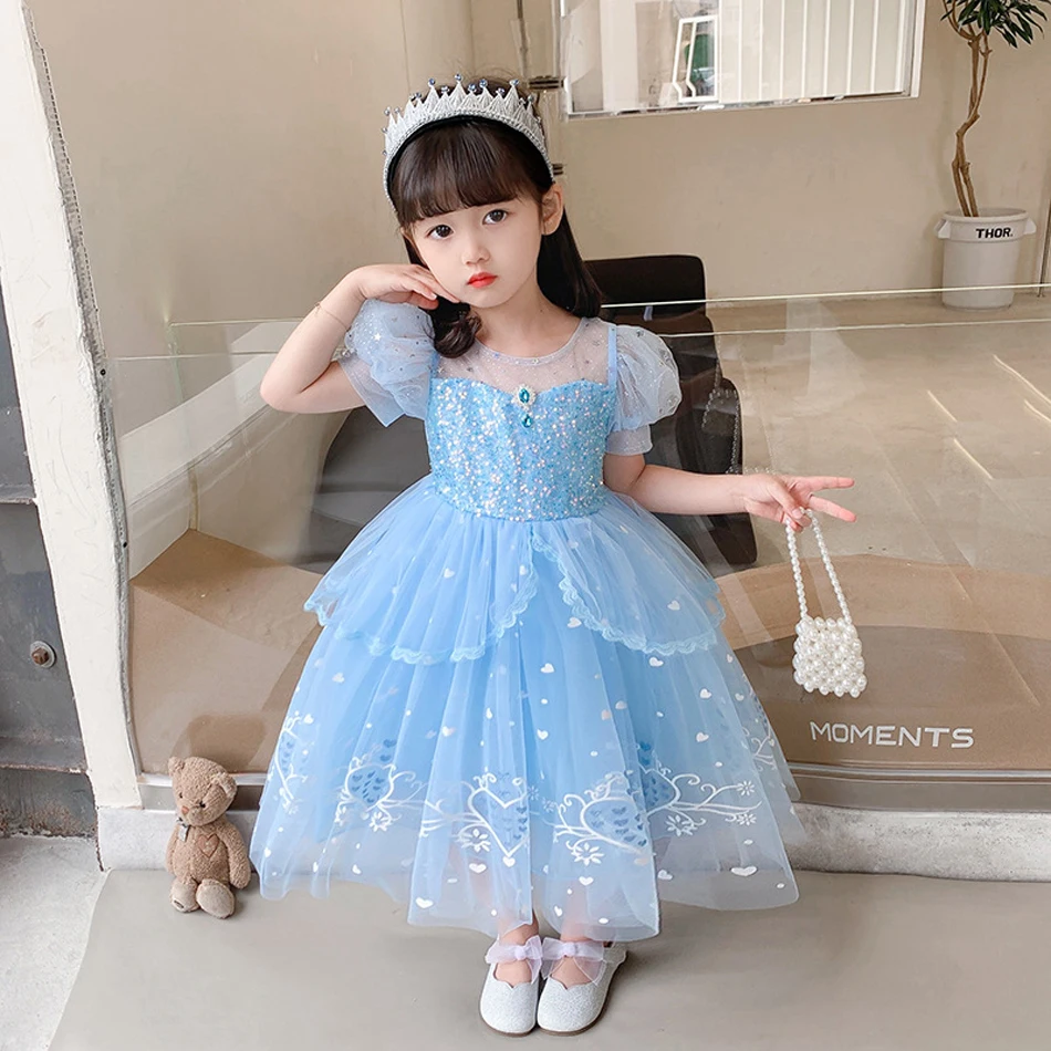 Gaun Cosplay putri Elsa, kostum Cosplay Ratu Salju biru payet Halloween Elza Anna kain Tule dengan jubah