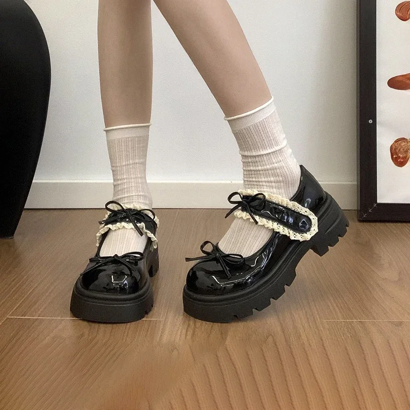 Toddler Girls Lace Trim Mary Jane Shoes, Double Bow Decor, Glossy Upper, Non Slip Thick Platform Sole for Party Daily Wear
