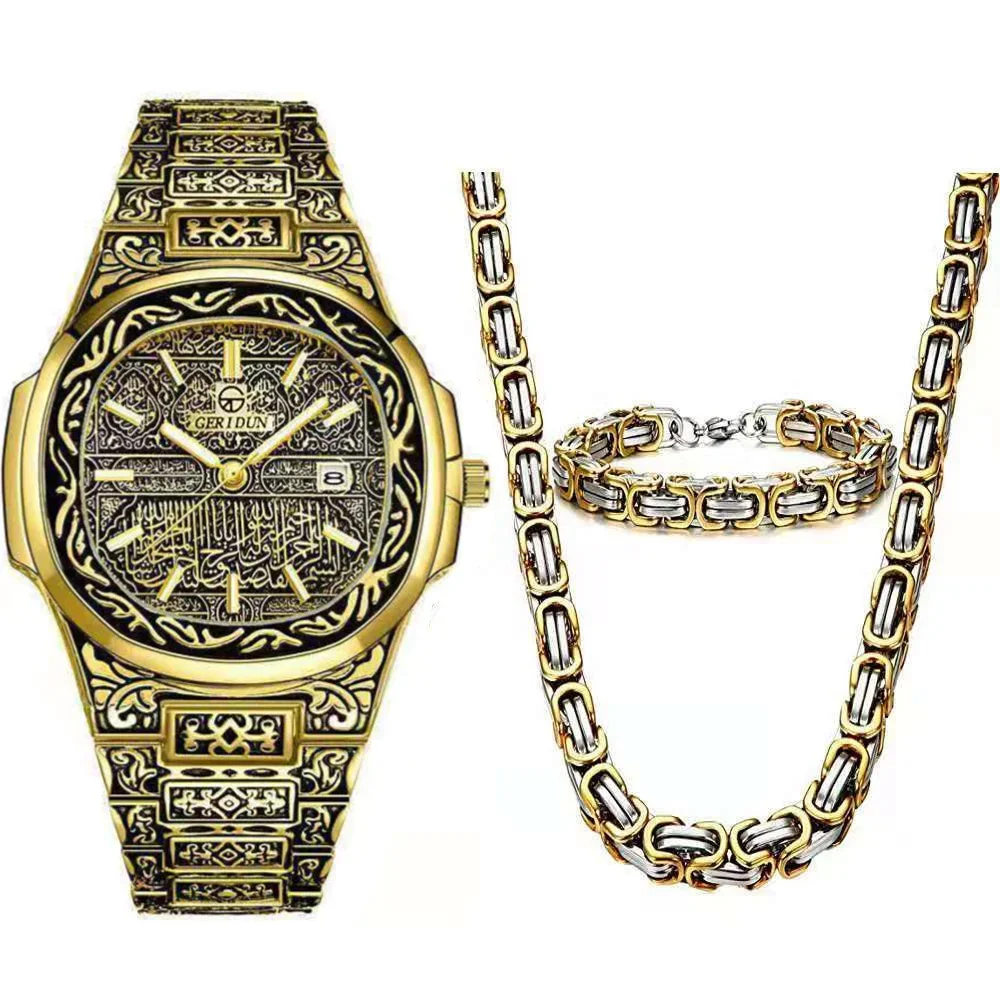 Necklace Watch Bracelet Hip Hop Luxury Stainless Steel 8mm Imperial Link Chain Wristwatch Gold Clock for Men Jewelry Set Relojes