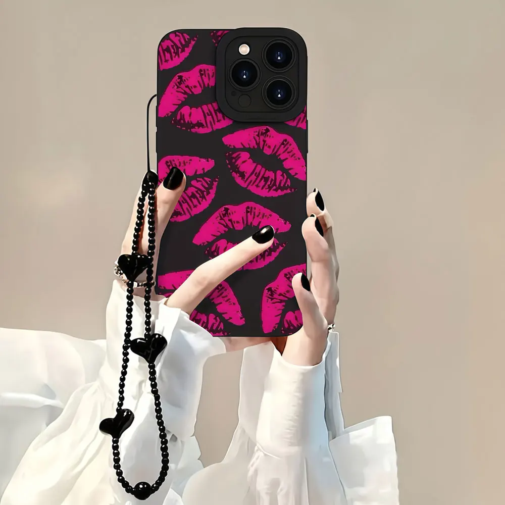Drop-proof With Strap Phone Cases For Samsung Galaxy S26 S24 S25 Ultra FE S23 S21 S22 Plus A36 A35 A55 A56 Y2K Magenta Lip Cover